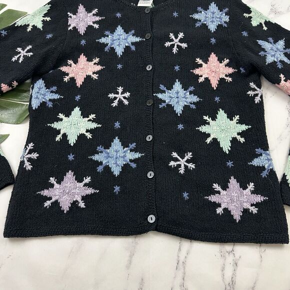 Talbots Womens Vintage 90s Snowflake Cardigan Sweater Size L Black Blue Holiday - Picture 5 of 12